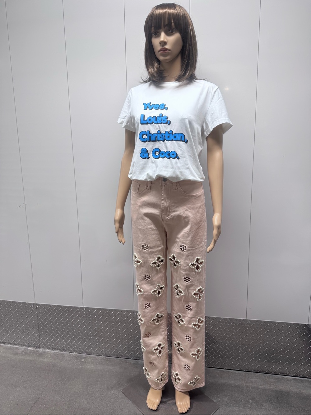 🍀CUSTOM PINK CLOVER CAMELLIA PEARL EMBROIDERED JEANS